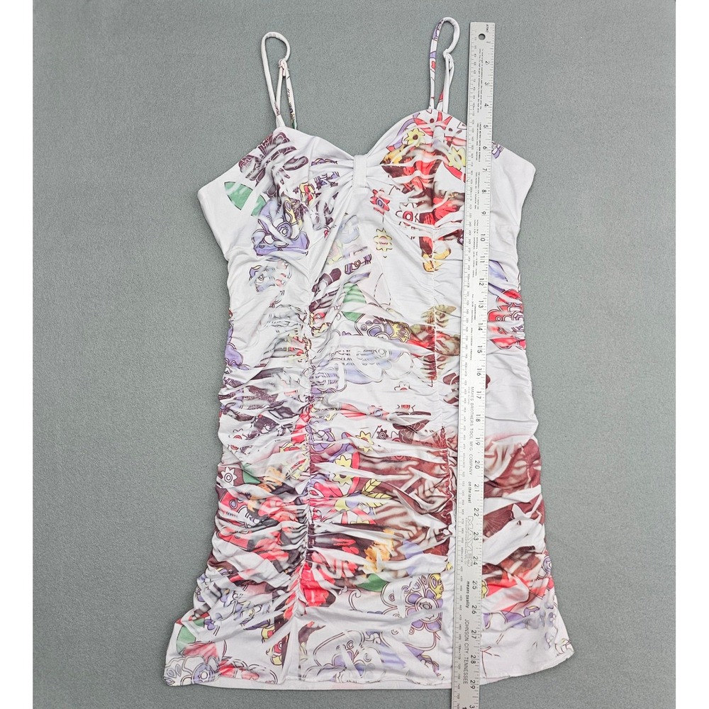 Y2K La Teen Mini Dress L White Pink Graphic Print Ruched Bodycon Babydoll NEW - Picture 7 of 12